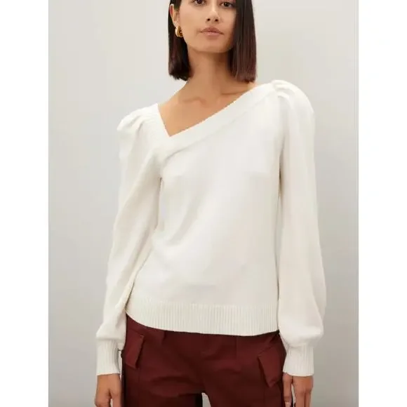 Marissa Webb Sweater Womens X Small White Asymmetric Knit Puff Sleeve Wool Blend - Picture 3 of 11